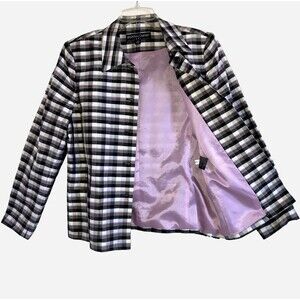 KASPER & COMPANY ASL 10 100% Silk Madras Plaid Lined Classic Black White Jacket